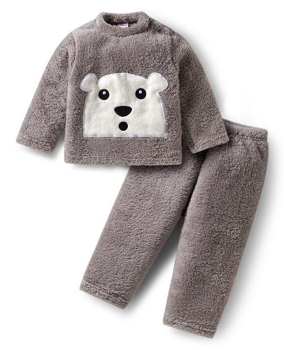 Babyhug Velour Knit Full Sleeves  Winter Wear Night Suit With Bear Embriodery - Grey