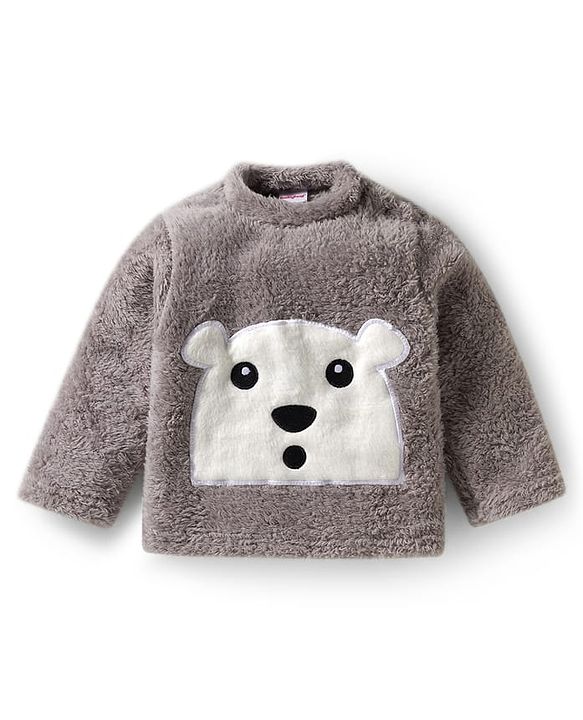 Babyhug Velour Knit Full Sleeves  Winter Wear Night Suit With Bear Embriodery - Grey