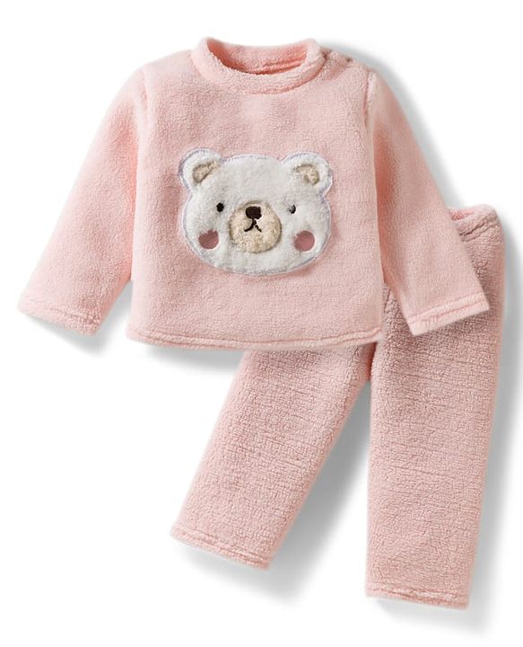 Babyhug Velour Knit Full Sleeves Winter Wear Night Suit With Teddy Bear Patch - Peach