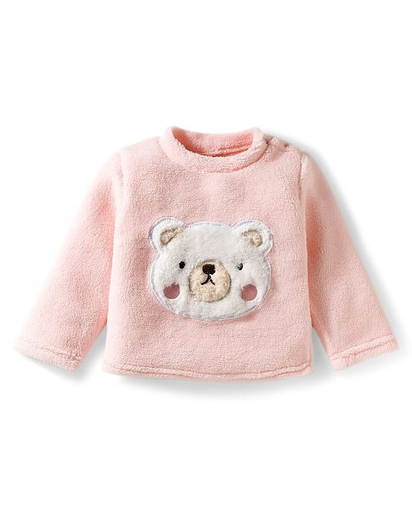 Babyhug Velour Knit Full Sleeves Winter Wear Night Suit With Teddy Bear Patch - Peach