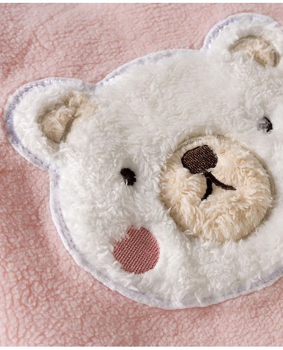 Babyhug Velour Knit Full Sleeves Winter Wear Night Suit With Teddy Bear Patch - Peach