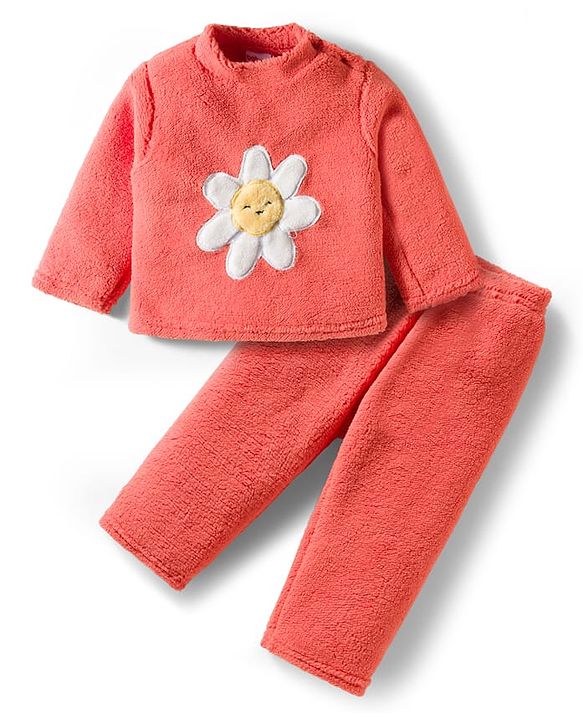 Babyhug Velour Knit Full Sleeves Winter Wear Night Suit With Floral Embroidery - Coral
