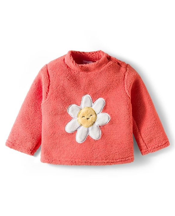 Babyhug Velour Knit Full Sleeves Winter Wear Night Suit With Floral Embroidery - Coral