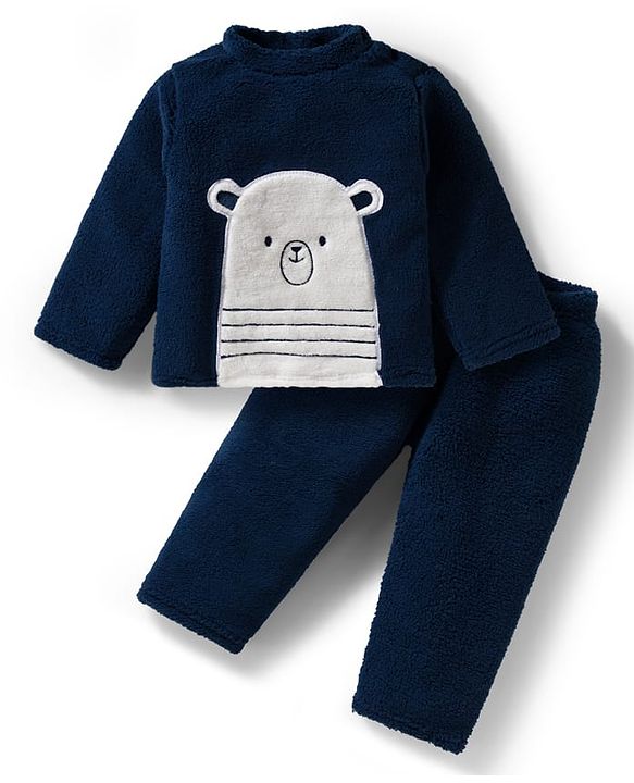 Babyhug Velour Knit Full Sleeves Winter Wear Night Suit With Animal Patch - Navy Blue