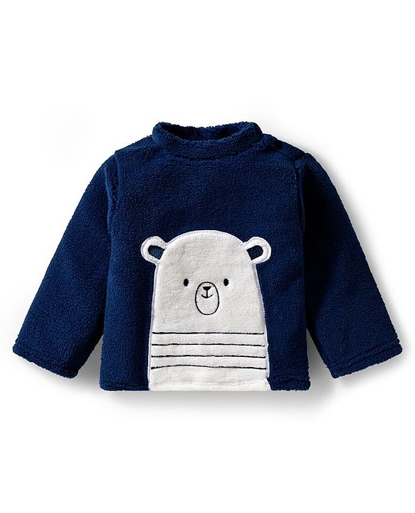 Babyhug Velour Knit Full Sleeves Winter Wear Night Suit With Animal Patch - Navy Blue