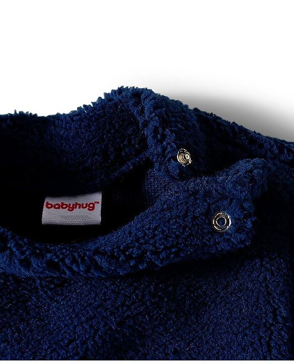 Babyhug Velour Knit Full Sleeves Winter Wear Night Suit With Animal Patch - Navy Blue