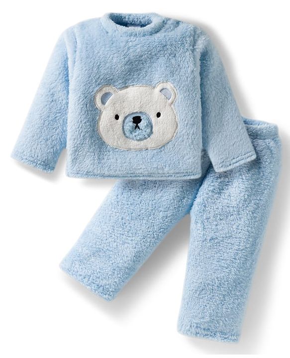 Babyhug Velour Knit Full Sleeves Winter Wear Night Suit With Teddy Bear Patch - Light Blue