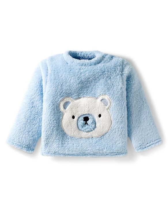 Babyhug Velour Knit Full Sleeves Winter Wear Night Suit With Teddy Bear Patch - Light Blue