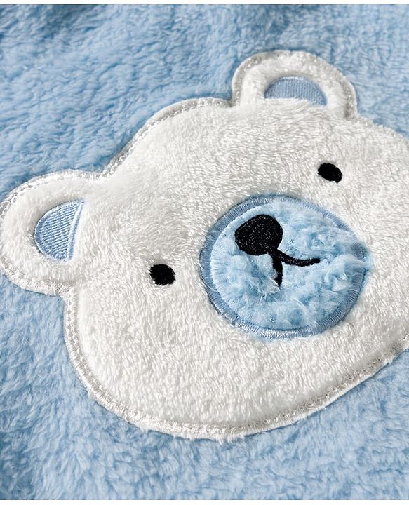 Babyhug Velour Knit Full Sleeves Winter Wear Night Suit With Teddy Bear Patch - Light Blue