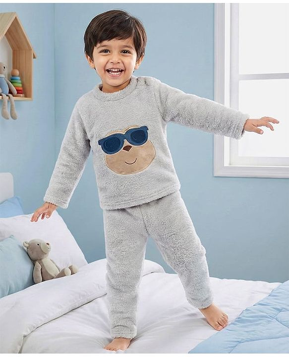 Babyhug Velour Knit Full Sleeves Winter Wear Night Suit With Smiley Face - Grey