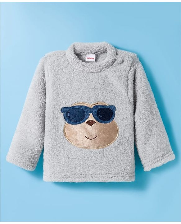Babyhug Velour Knit Full Sleeves Winter Wear Night Suit With Smiley Face - Grey