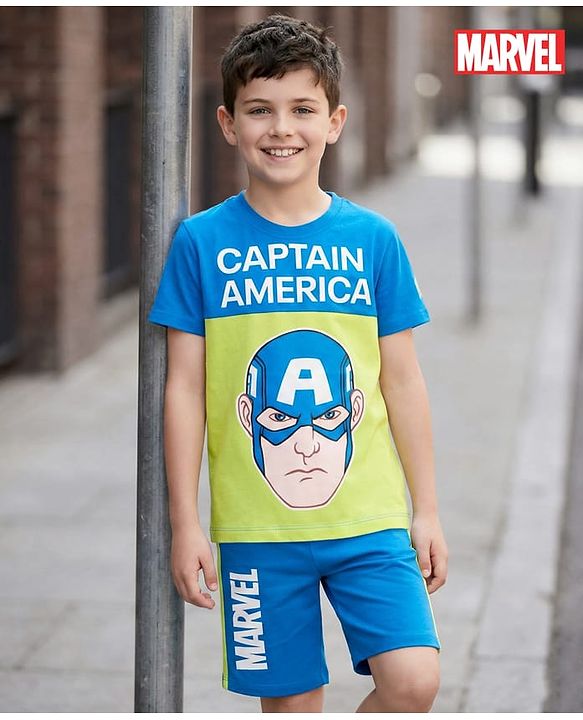 Pine Kids Marvel Single Jersey Knit Half Sleeves T-Shirt & Short Set With Captain America Print - Blue