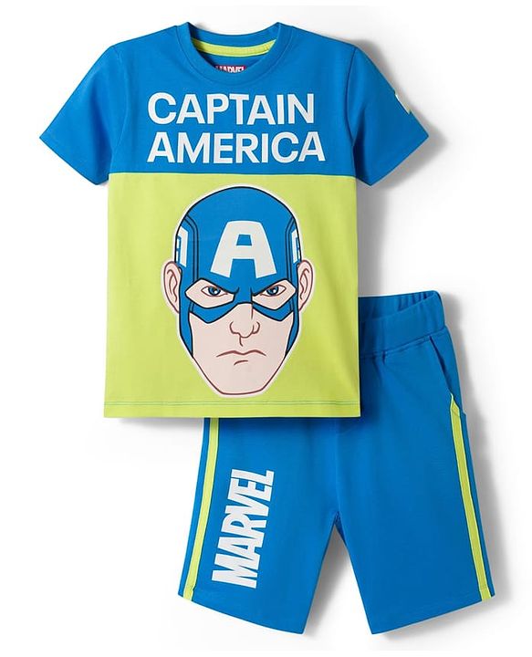 Pine Kids Marvel Single Jersey Knit Half Sleeves T-Shirt & Short Set With Captain America Print - Blue