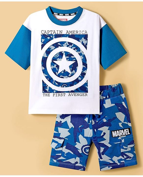 Pine Kids Marvel Single Jersey Knit Drop Shoulder Half Sleeves T-Shirt & Shorts Set With Avengers Graphics & Camouflage Detailing - Multicolor
