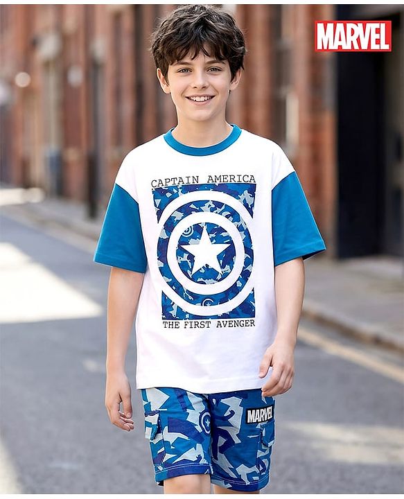 Pine Kids Marvel Single Jersey Knit Drop Shoulder Half Sleeves T-Shirt & Shorts Set With Avengers Graphics & Camouflage Detailing - Multicolor