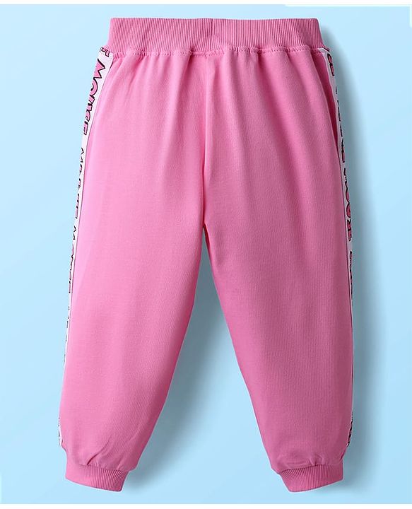 Babyhug Disney Single Jersey Knit Half Sleeves Oversized Drop Shoulder T-Shirt & Track Pant Set with Front and Back Minnie Mouse Graphic - White & Pink