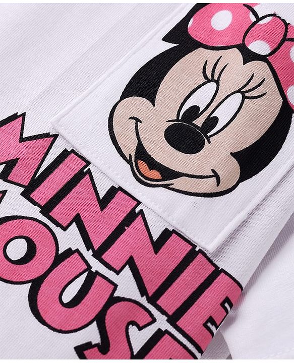 Babyhug Disney Single Jersey Knit Half Sleeves Oversized Drop Shoulder T-Shirt & Track Pant Set with Front and Back Minnie Mouse Graphic - White & Pink