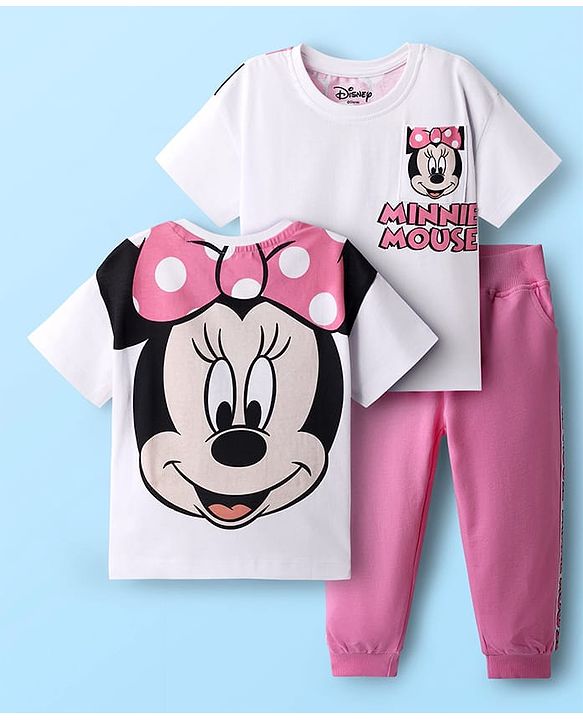Babyhug Disney Single Jersey Knit Half Sleeves Oversized Drop Shoulder T-Shirt & Track Pant Set with Front and Back Minnie Mouse Graphic - White & Pink