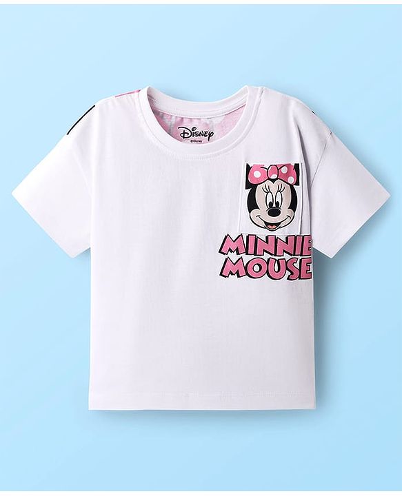 Babyhug Disney Single Jersey Knit Half Sleeves Oversized Drop Shoulder T-Shirt & Track Pant Set with Front and Back Minnie Mouse Graphic - White & Pink