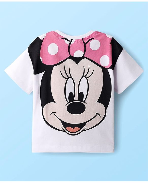 Babyhug Disney Single Jersey Knit Half Sleeves Oversized Drop Shoulder T-Shirt & Track Pant Set with Front and Back Minnie Mouse Graphic - White & Pink