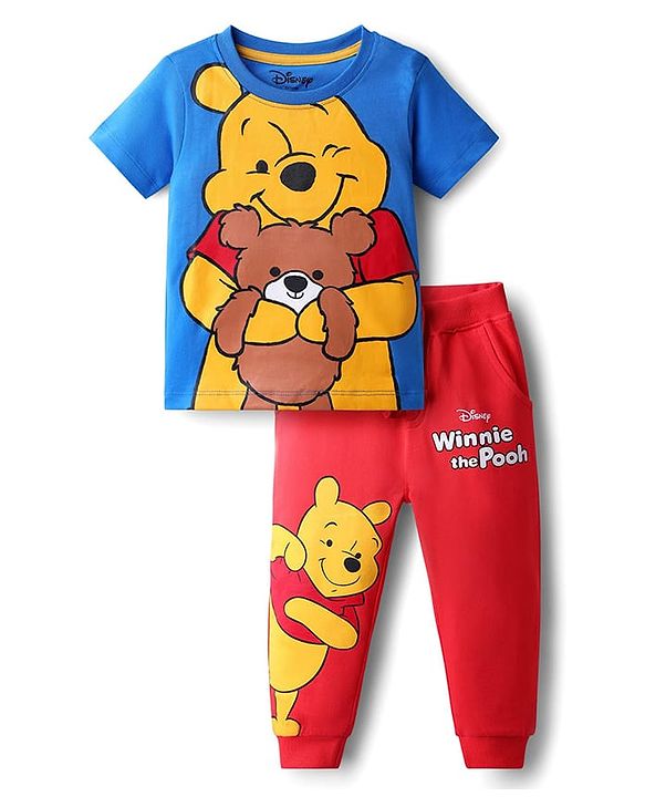 Babyhug Disney Single Jersey Knit Half Sleeves T-Shirt & Track Pant Set with Front and Back Winnie the Pooh Graphic - Blue & Red