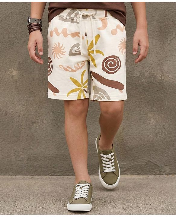 Pine Kids Looper Above Knee Length Short With Floral Print - Off White