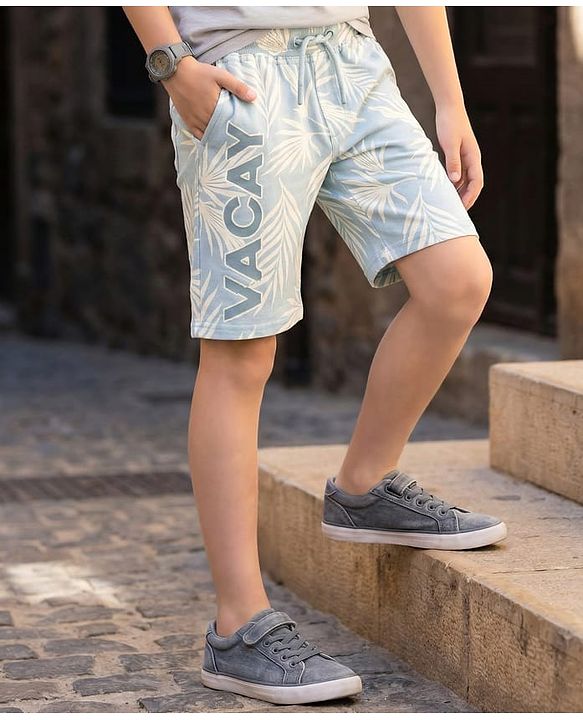 Pine Kids Looper Knit Shorts with Vacay Print - Sky Blue
