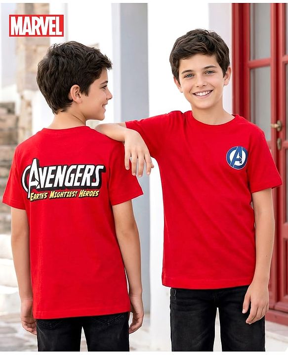 Pine Kids Marvel Single Jersey Knit Half Sleeves T-Shirt With Avengers Graphics & Badge Detailing - Red