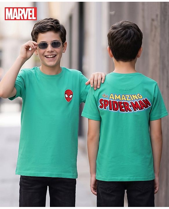 Pine Kids Marvel Single Jersey Knit Half Sleeves T-Shirt With Spider Man Print & Badge Detailing - Aqua