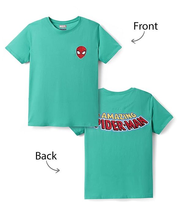 Pine Kids Marvel Single Jersey Knit Half Sleeves T-Shirt With Spider Man Print & Badge Detailing - Aqua