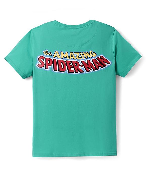 Pine Kids Marvel Single Jersey Knit Half Sleeves T-Shirt With Spider Man Print & Badge Detailing - Aqua