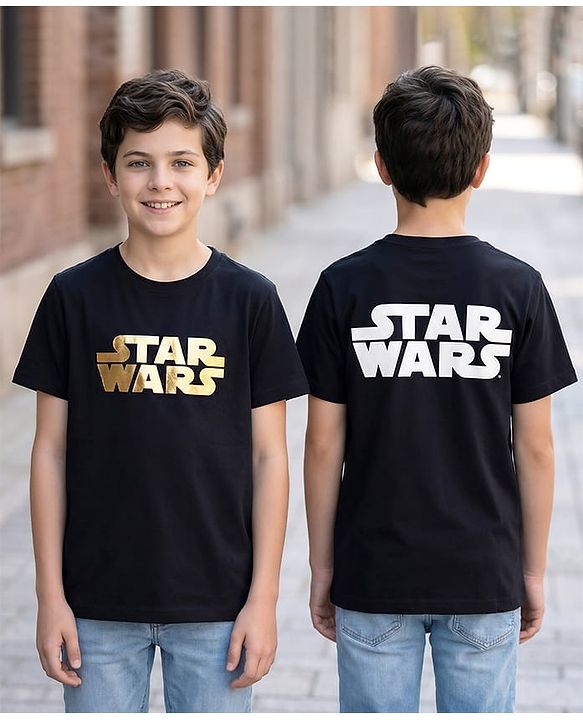 Pine Kids Lucas Single Jersey Knit Drop Shoulder Half Sleeves T-Shirt with Star Wars Gold Foil Detailing - Black