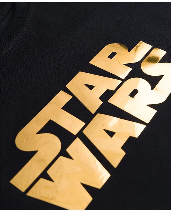 Pine Kids Lucas Single Jersey Knit Drop Shoulder Half Sleeves T-Shirt with Star Wars Gold Foil Detailing - Black