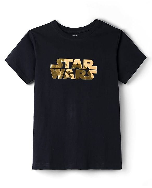 Pine Kids Lucas Single Jersey Knit Drop Shoulder Half Sleeves T-Shirt with Star Wars Gold Foil Detailing - Black