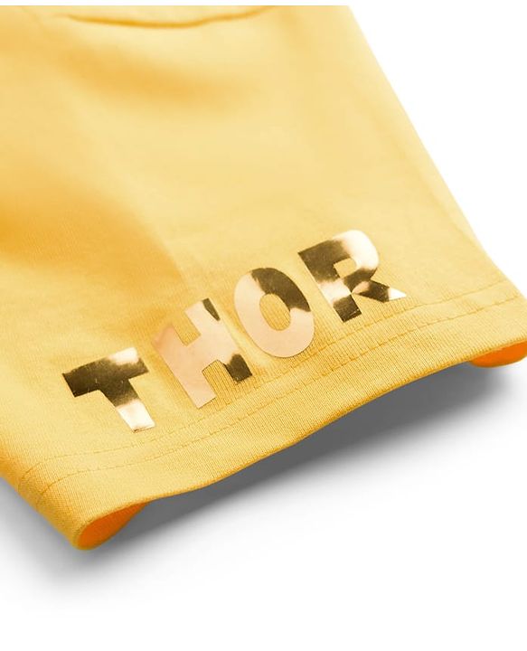 Pine Kids Marvel Terry Knit Half Sleeves Drop Shoulder T-Shirt With Thor Print & Gold Foil Detailing - Yellow