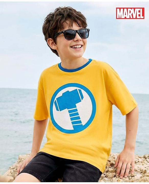 Pine Kids Marvel Terry Knit Half Sleeves Drop Shoulder T-Shirt With Thor Print & Gold Foil Detailing - Yellow