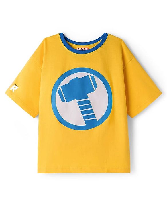 Pine Kids Marvel Terry Knit Half Sleeves Drop Shoulder T-Shirt With Thor Print & Gold Foil Detailing - Yellow