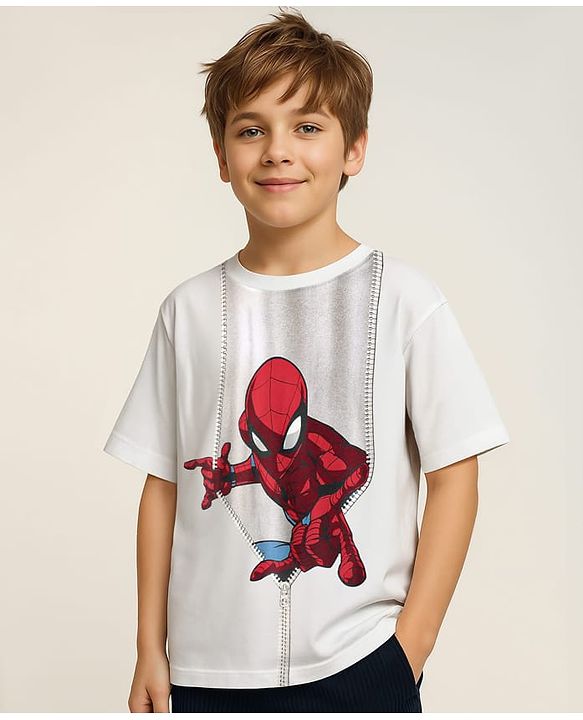 Pine Kids Marvel Single Jersey Knit Half Sleeves T-Shirt With Spiderman Print - White