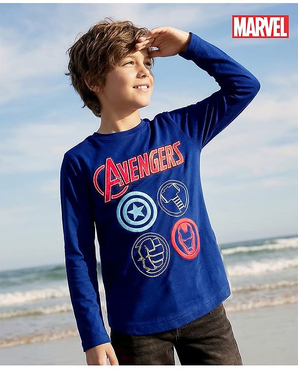 Pine Kids Marvel Single Jersey Knit Full Sleeves T-Shirt With Avengers Print - Blue