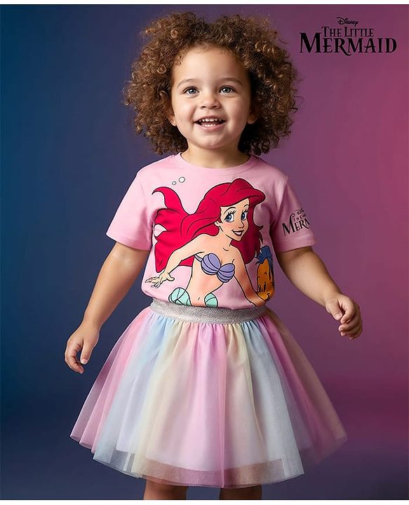 Babyhug Disney Single Jersey Knit Half Sleeves T-Shirt & Skirt Set with Ariel Graphic & Mesh Detailing - Multicolor