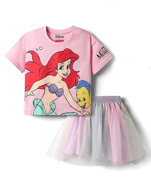 Babyhug Disney Single Jersey Knit Half Sleeves T-Shirt & Skirt Set with Ariel Graphic & Mesh Detailing - Multicolor