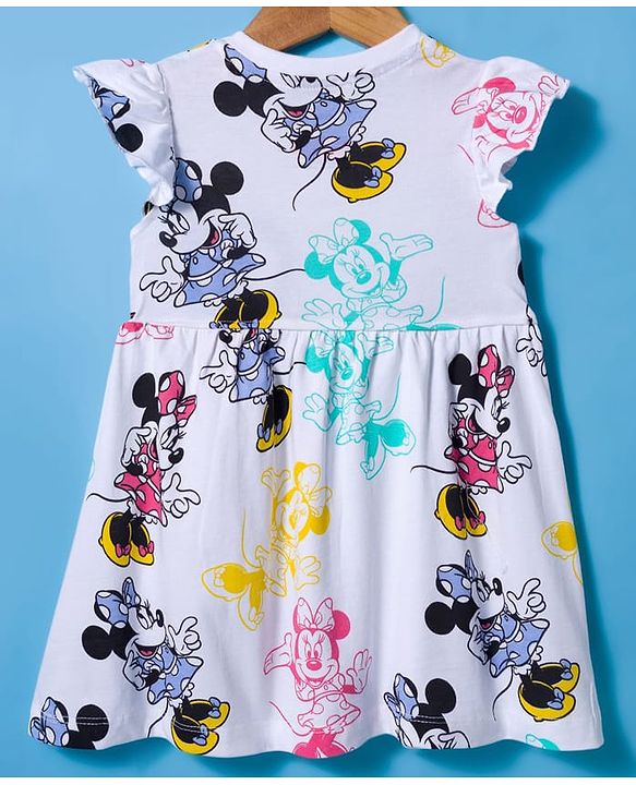 Babyhug Disney Single Jersey Knit Frill Sleeves Frock with Bloomer & Minnie Mouse Print - White