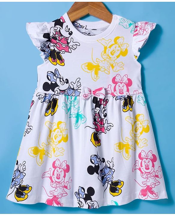 Babyhug Disney Single Jersey Knit Frill Sleeves Frock with Bloomer & Minnie Mouse Print - White