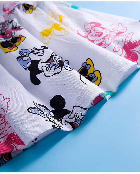 Babyhug Disney Single Jersey Knit Frill Sleeves Frock with Bloomer & Minnie Mouse Print - White
