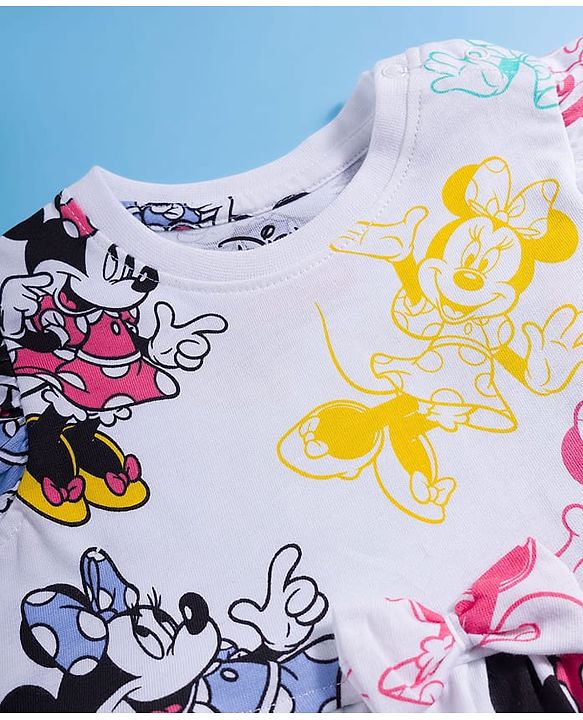 Babyhug Disney Single Jersey Knit Frill Sleeves Frock with Bloomer & Minnie Mouse Print - White