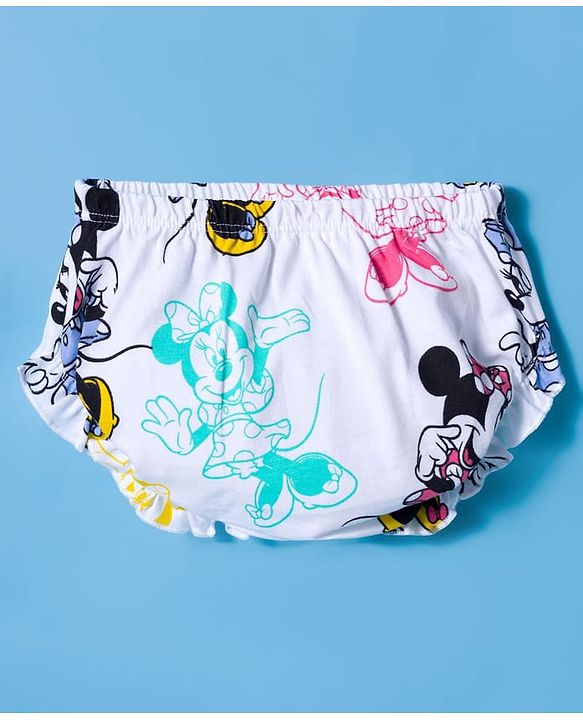 Babyhug Disney Single Jersey Knit Frill Sleeves Frock with Bloomer & Minnie Mouse Print - White
