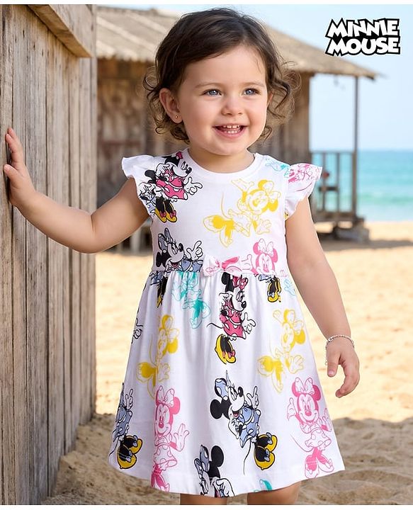 Babyhug Disney Single Jersey Knit Frill Sleeves Frock with Bloomer & Minnie Mouse Print - White