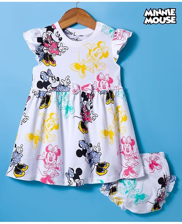 Babyhug Disney Single Jersey Knit Frill Sleeves Frock with Bloomer & Minnie Mouse Print - White