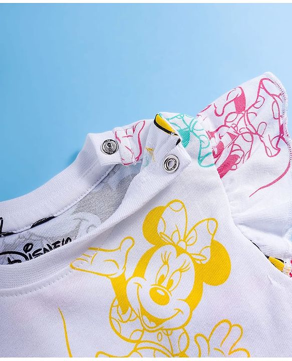 Babyhug Disney Single Jersey Knit Frill Sleeves Frock with Bloomer & Minnie Mouse Print - White