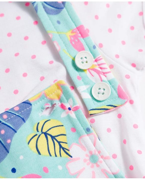 Babyhug Single Jersey Knit Half Sleeves Polka Dots & Floral Printed T-Shirt & Dungaree - White